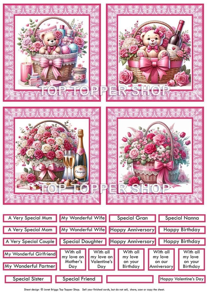 Pink Floral Baskets Toppers for Card Making TTSTOP30