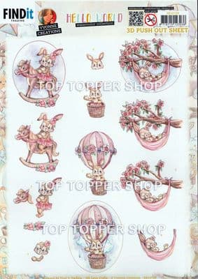 Playing B bunny  Die Cut Decoupage Sheet Yvonne Creations Push Out SB10729