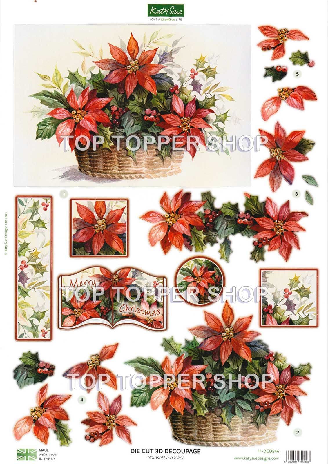 Poinsettia Basket A4 Die Cut Christmas Decoupage Sheet Katy Sue Designs