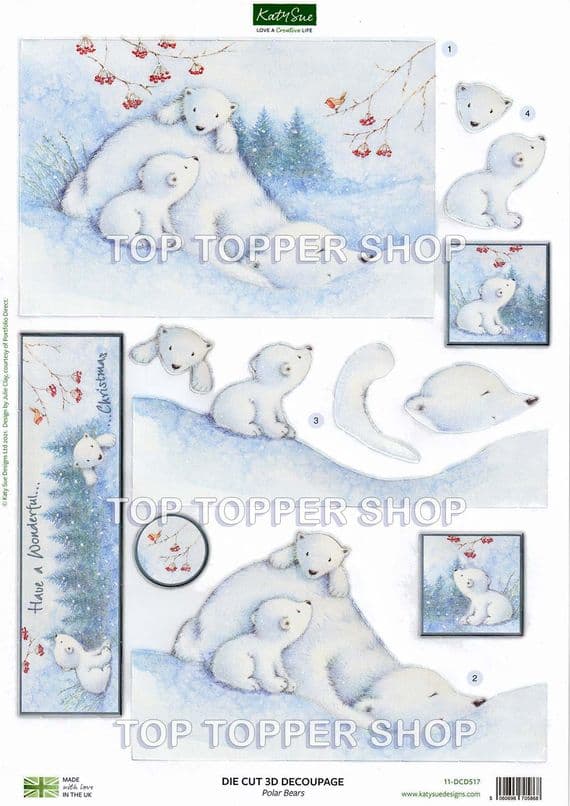 Polar Bears  A4 Die Cut Christmas Decoupage Sheet - Katy Sue Designs