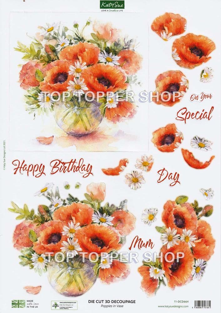 Poppies in Vase A4 Die Cut Decoupage Sheet Katy Sue Designs