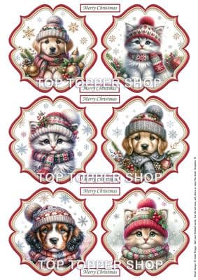 Puppies & Kittens - 6 Christmas Toppers for Card Making 290gsm TTSTOPX26