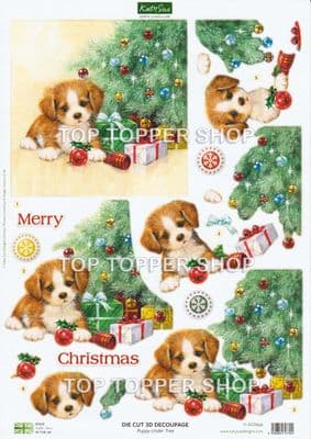 Puppy Under Tree  A4 Die Cut Christmas Decoupage Sheet - Katy Sue Designs