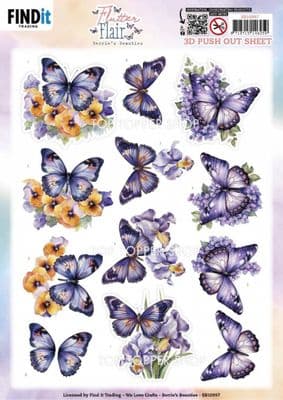 Purple Flutters Butterflies  Die Cut Decoupage Sheet Yvonne Creations Push Out SB10997