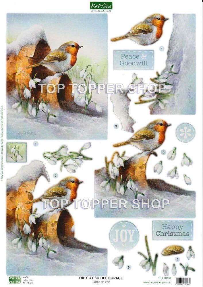 Robin On Pot A4 Die Cut Christmas Decoupage Sheet - Katy Sue Designs