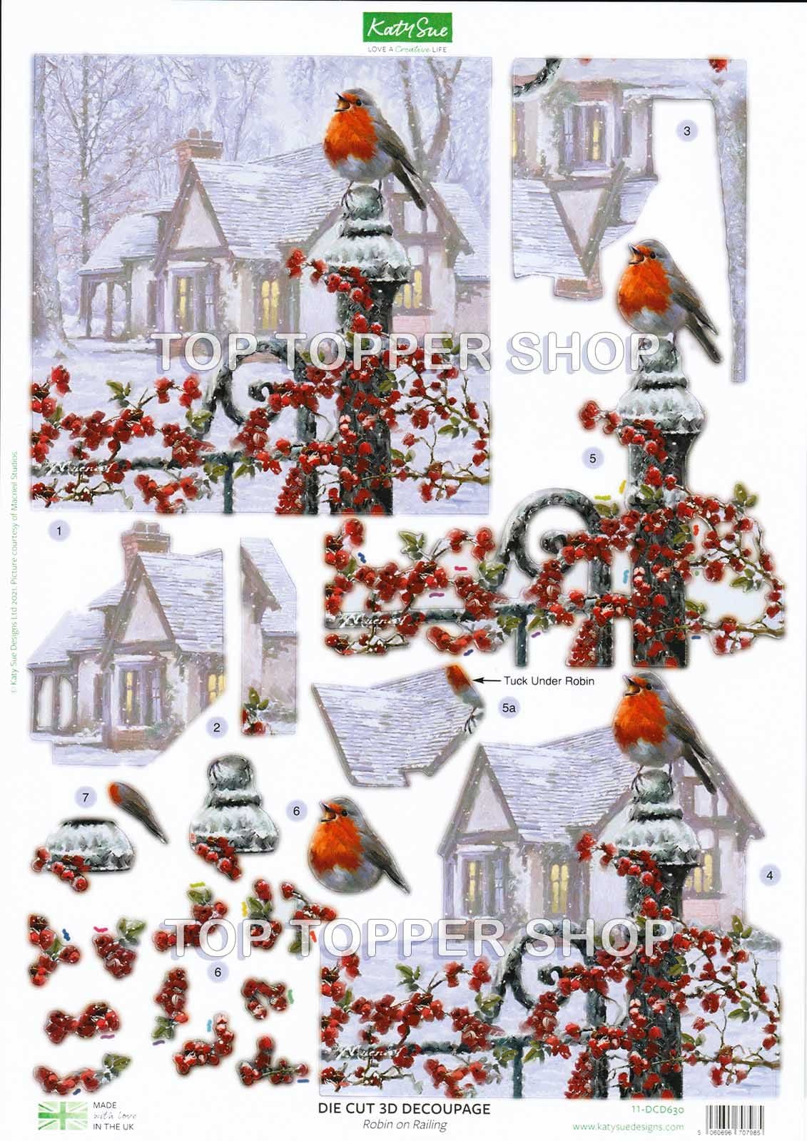 Robin On Railing A4 Die Cut Christmas Decoupage Sheet Katy Sue Designs