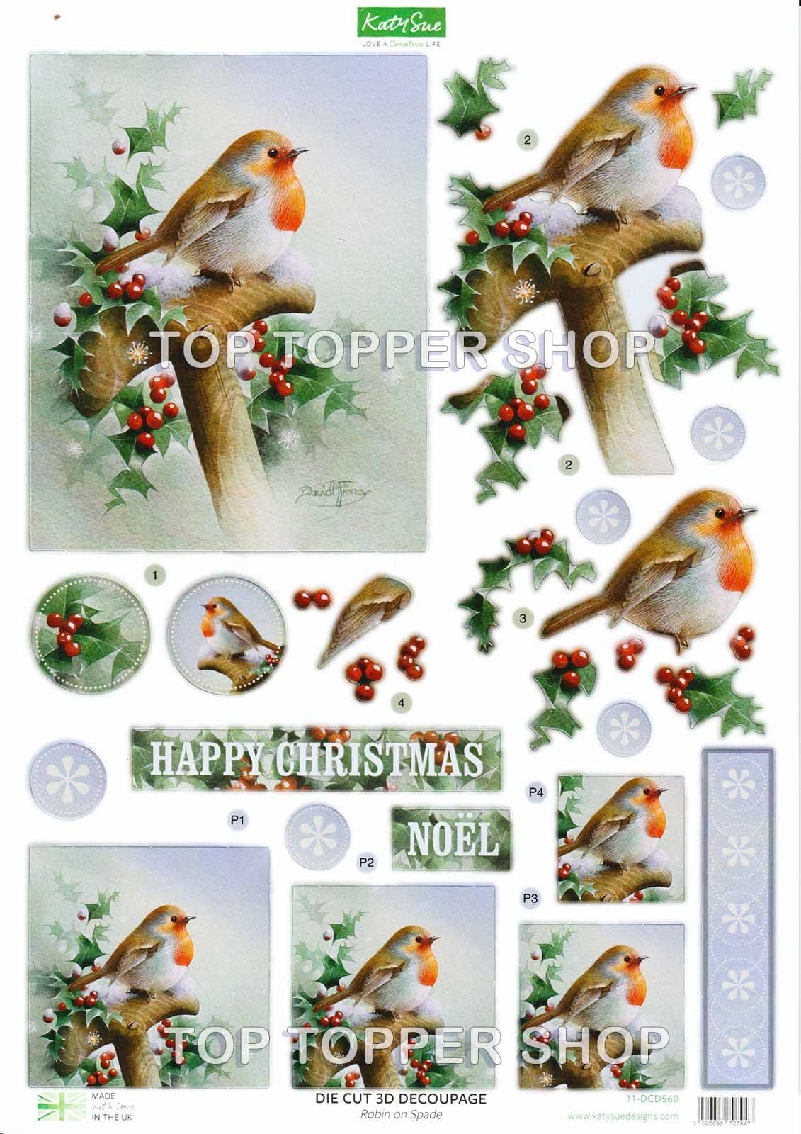 Robin On Spade A4 Die Cut Christmas Decoupage Sheet Katy Sue Designs