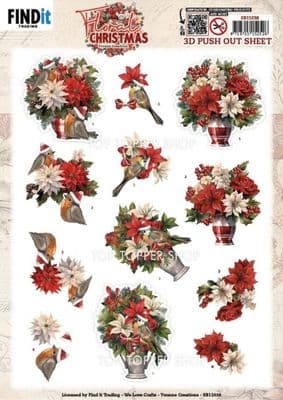 Robin & Vase Floral Christmas Die Cut Decoupage Sheet Yvonne Creations Push Out SB11038