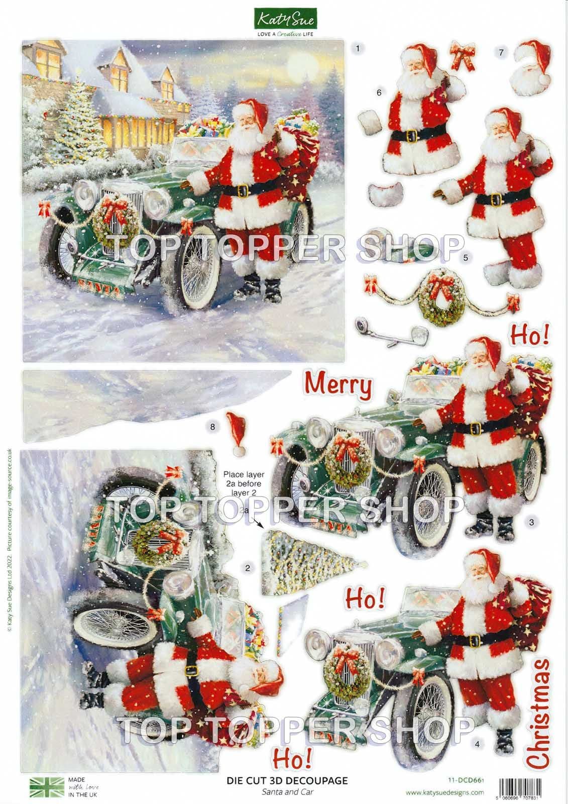 Santa & Car A4 Die Cut Christmas Decoupage Sheet Katy Sue Designs