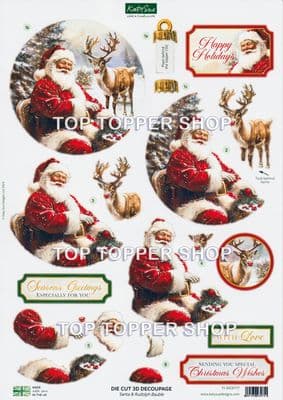 Santa & Rudolph Bauble  A4 Die Cut Christmas Decoupage Sheet - Katy Sue Designs