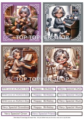 Senior Ladies Musical Hobbies Piano, Keyboard, Guitar, Violin -  Card Toppers  TTSTOP26