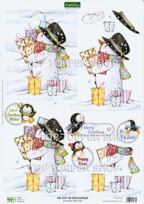 Snowman With Gifts  A4 Die Cut Christmas Decoupage Sheet - Katy Sue Designs