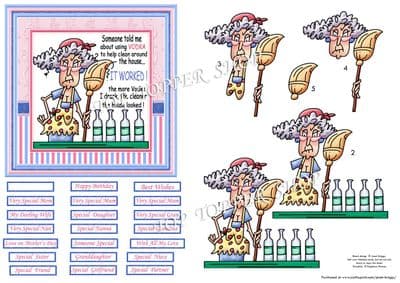 STELLA CLEANING WITH VODKA Humorous Decoupage printed sheet 921BUG