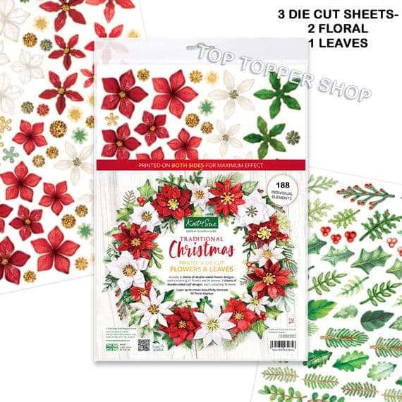 Traditional Christmas Flowers & Leaves 3 A4 Die Cut Elements Sheets - Katy Sue Designs DCE015TC