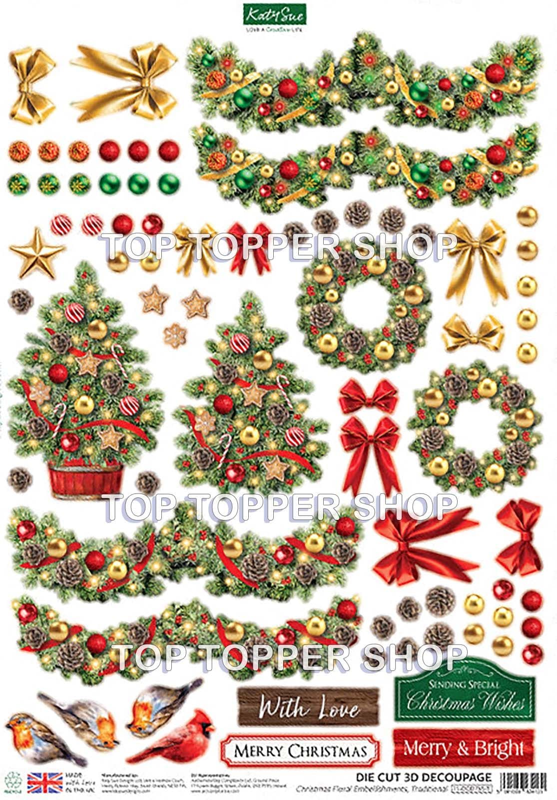 Traditional Floral Christmas Embellishments 1 Die Cut A4 Sheet - Katy Sue