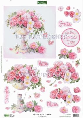 Tumbling Roses A4 Die Cut Decoupage Sheet - Katy Sue Designs