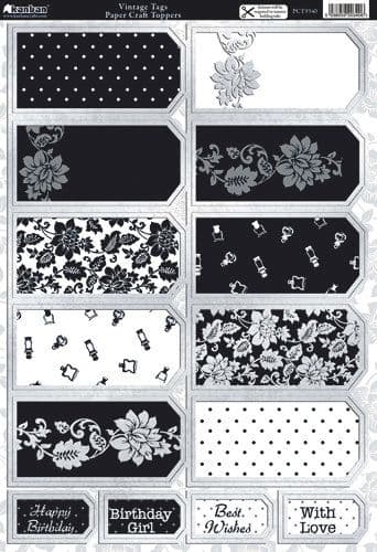 VINTAGE TAGS BLACK SILVER KANBAN DIE CUT TOPPERS PCT9340