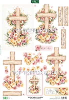 Wooden Cross & Roses  A4 Die Cut Decoupage Sheet - Katy Sue Designs