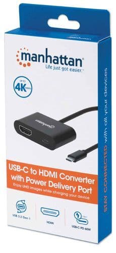 Manhattan USB-C to HDMI and USB-C (inc Power Delivery), 4K@60Hz, 19.5cm, Black, Power Delivery to US