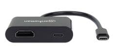 Manhattan USB-C to HDMI and USB-C (inc Power Delivery), 4K@60Hz, 19.5cm, Black, Power Delivery to US