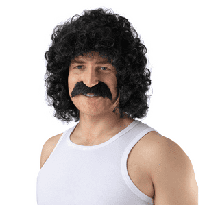 80's Perm Wig & Moustache Black