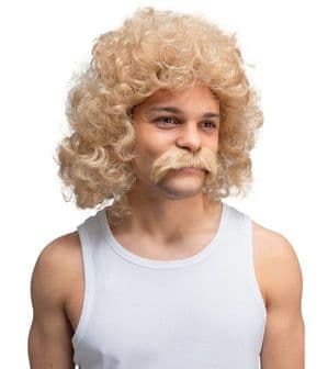 80's Perm Wig & Moustache Blonde
