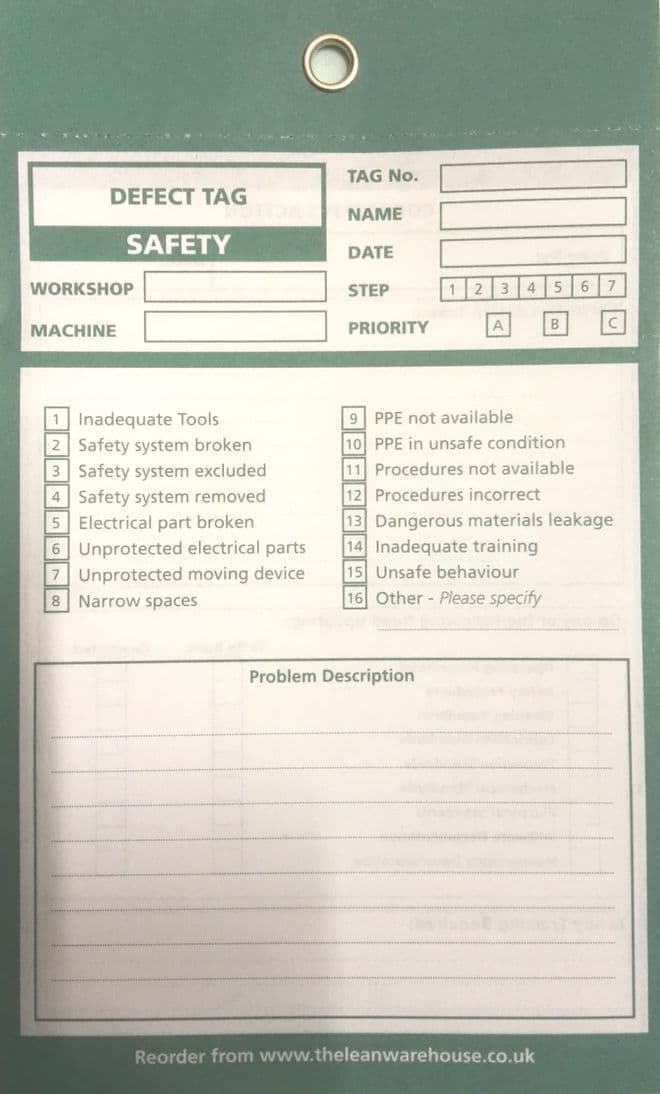 TPM Autonomous Maintenance Defect Tag - Green - Safety
