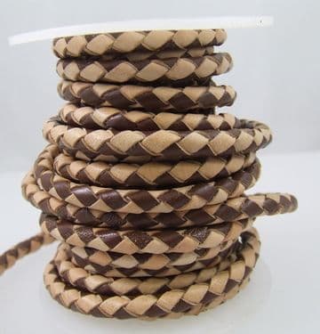 Funky Leather - Plaited 5mm Round - Two Tone - Brown/Natural