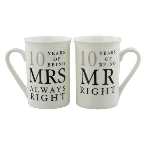 10th Wedding Anniversary Mr & Mrs Mug Gift Set - 10 years of being Mr Right & Mrs Always Right