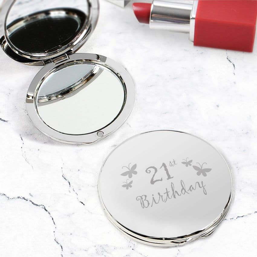 21st Birthday Gift - Silver  Butterfly Round Compact Mirror