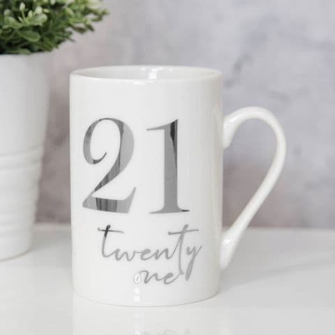 21st Birthday White Mug With Silver 21 In Gift Box