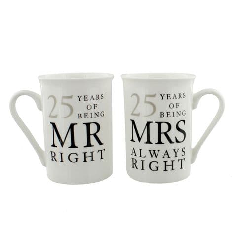 25th Silver Wedding Anniversary Mr & Mrs Mug Gift Set - 25 years of being Mr Right'Mrs Always Right