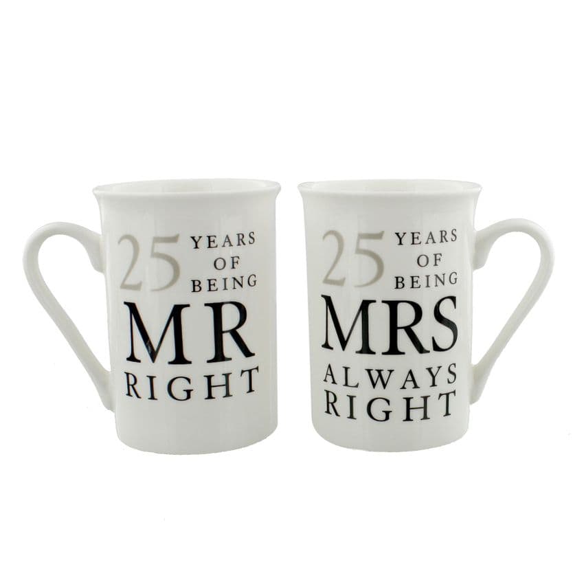 25th Silver Wedding Anniversary Mr & Mrs Mug Gift Set - 25 years of being Mr Right'Mrs Always Right