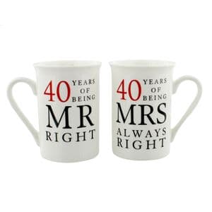40th Ruby Wedding Anniversary Mr & Mrs Mug Gift Set - 40 years of being Mr Right'Mrs Always Right