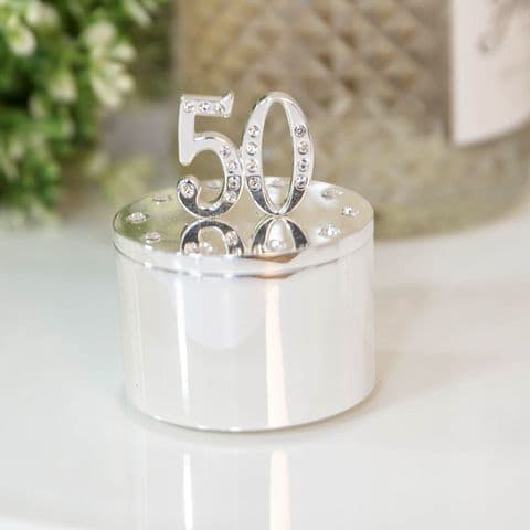 50th Birthday Silver Plated Trinket Box Gift With Crystal 50