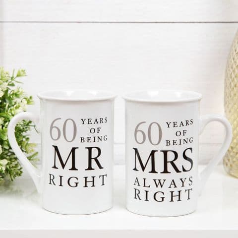 60th Wedding Anniversary Mr & Mrs Mug Gift Set - 60 years of being Mr Right & Mrs Always Right