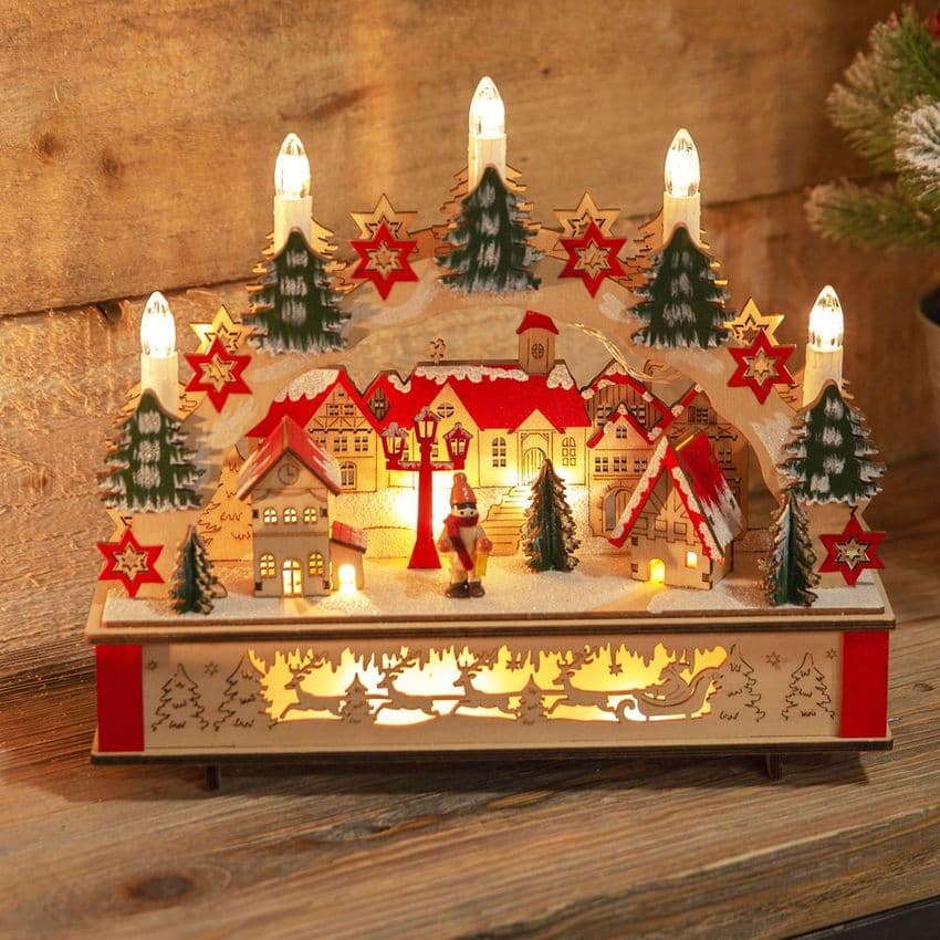 Large Candle Bridge Wooden Alpine Escape Light Up LED Christmas Town Ornament Decoration