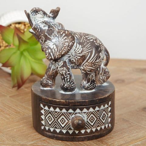 Artisan Elephant Trinket Box With Patterned Ebony Finish Wellbeing Gift for Prosperity