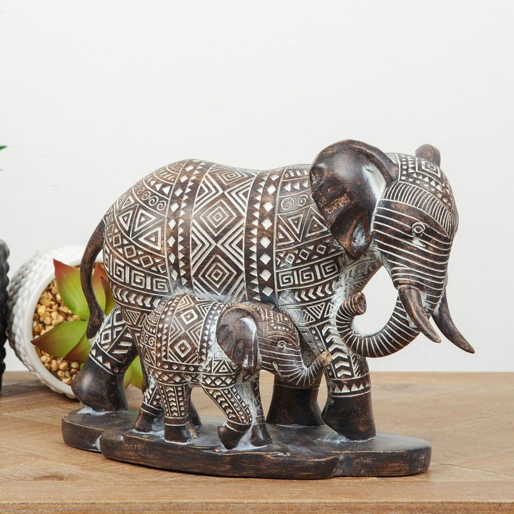Aztec Patterned Elephant and baby Figurine Home Ornament in ebony wood ...