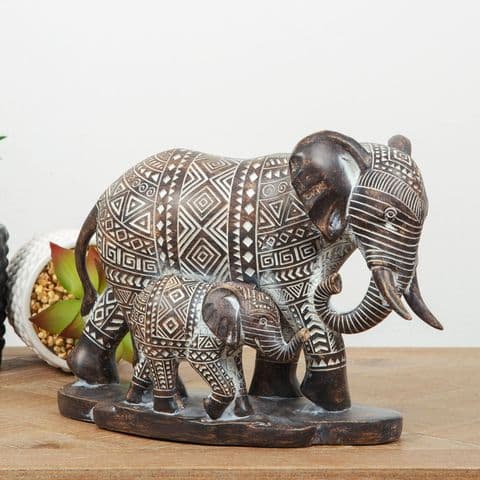 Aztec Patterned Elephant and Baby Figurine Home Ornament