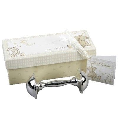 BABY GIFT SILVER PLATED RATTLE - CHRISTENING GIFT - NEW BABY - BUTTON CORNER