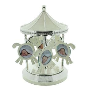 Baby Musical Photo Frame Carousel Silver Plated Sparkling Diamante Christening or Baby Gift - Unisex