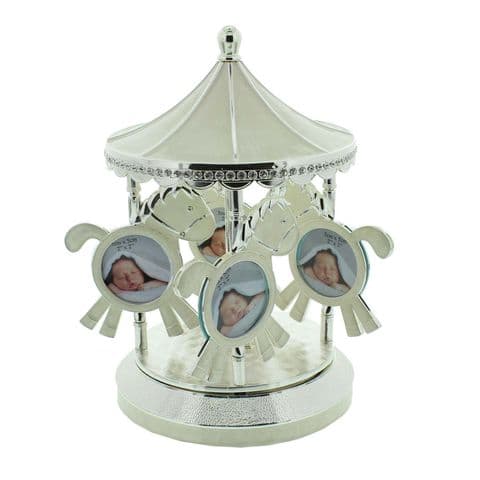 Baby Musical Photo Frame Carousel Silver Plated Sparkling Diamante Christening or Baby Gift - Unisex