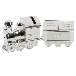 Baby's Silver Plated Train Money Box with First Tooth and First Curl Carriages - Christening Gift