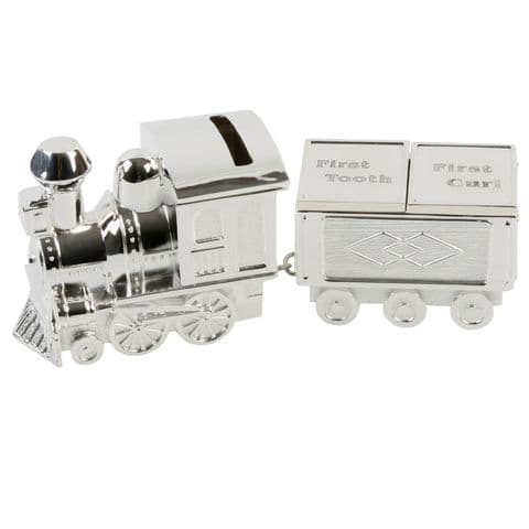 Baby's Silver Plated Train Money Box with First Tooth and First Curl Carriages - Christening Gift