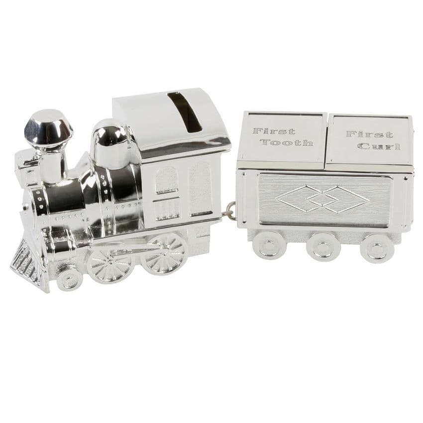 Perfect Christening, Baby Shower and New Baby Gift |Baby's Silver Plated Train Money Box with First Tooth and First Curl Carriages