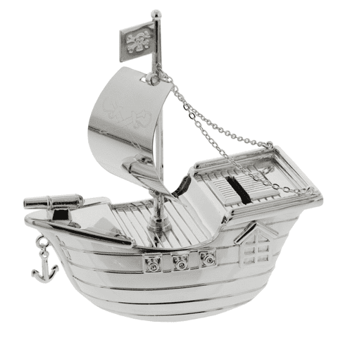 Baby Silver Plated Pirate Ship Money Box - Christening Baptism Gift