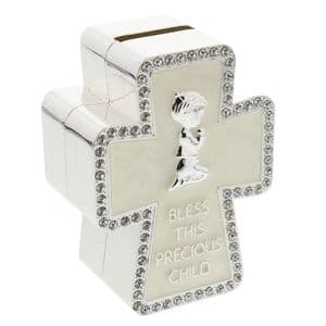 Baptism, Christening New Baby and Communion Gift 'Bless This Special Child' Crystal Embellished Cross Shaped Money Box