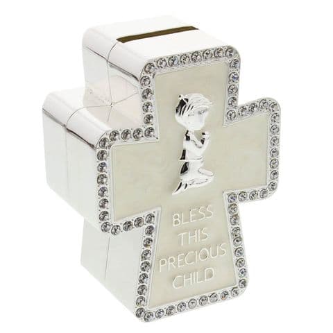 Baptism, Christening New Baby and Communion Gift 'Bless This Special Child' Crystal Embellished Cross Shaped Money Box