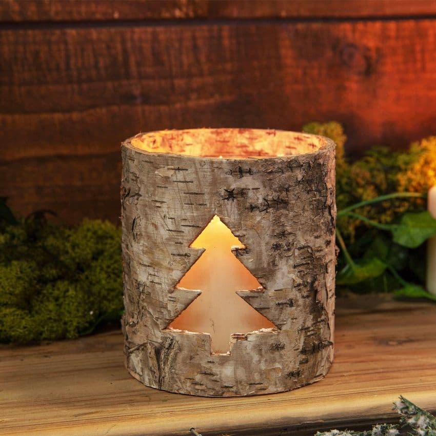 Birch Wood Design Woodland Christmas Candle Holder with Christmas Tree Cut Out. Perfect for a log cabin style decor this Christmas